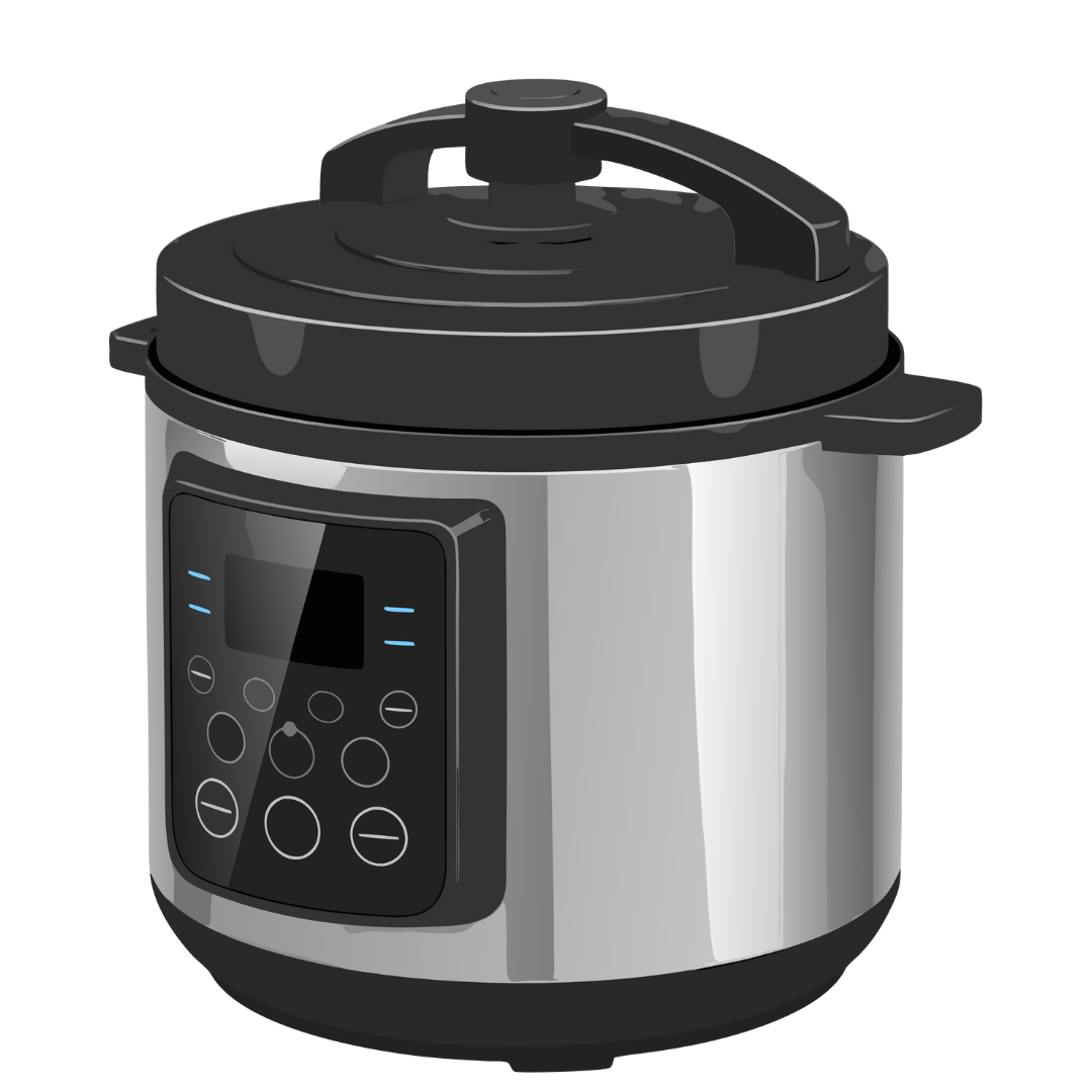Stainless steel pressure cooker with digital display on a white background