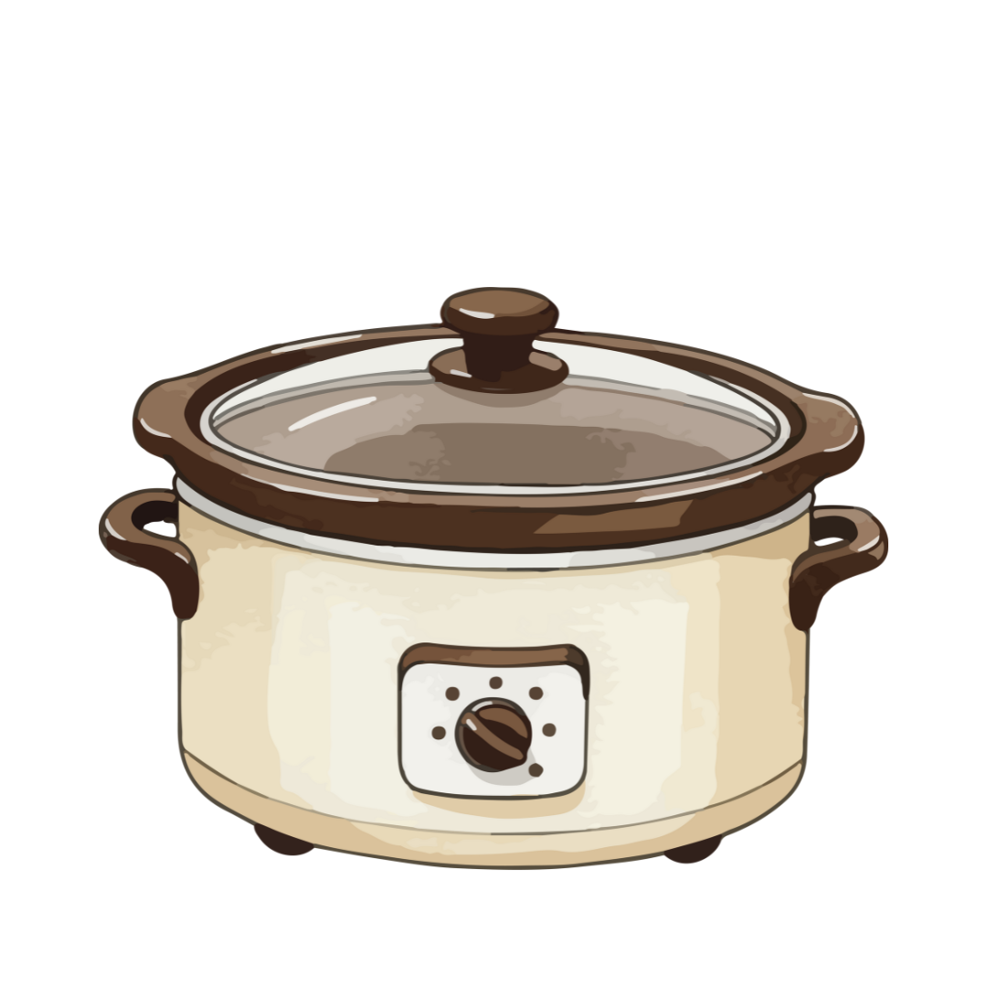 Slow cooker with brown lid and handle on a white background