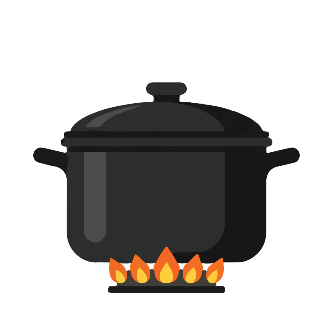 Black pot with a lid on a stove with flames underneath